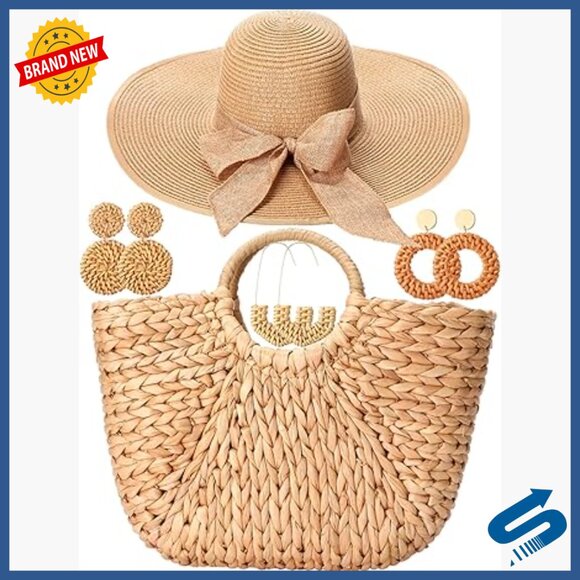 Large Straw Beach Bag and Floppy Sun Hat Set with Rattan Earrings main image 7